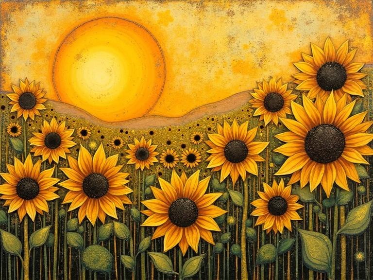 Colorful depiction of sunflowers in a field under a warm sun. Abstract mixed media style with encaustic techniques and ink blending. Features bright yellows and layered textures.