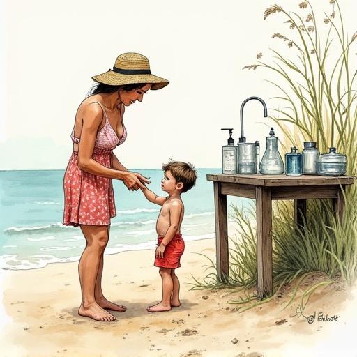 Child at beach using sunscreen with mother. Hand-drawn illustration in fine ink pen style. Expressive lines and subtle shading. Detailed natural forms with organic composition. Vintage aesthetic. Soft watercolor accents.