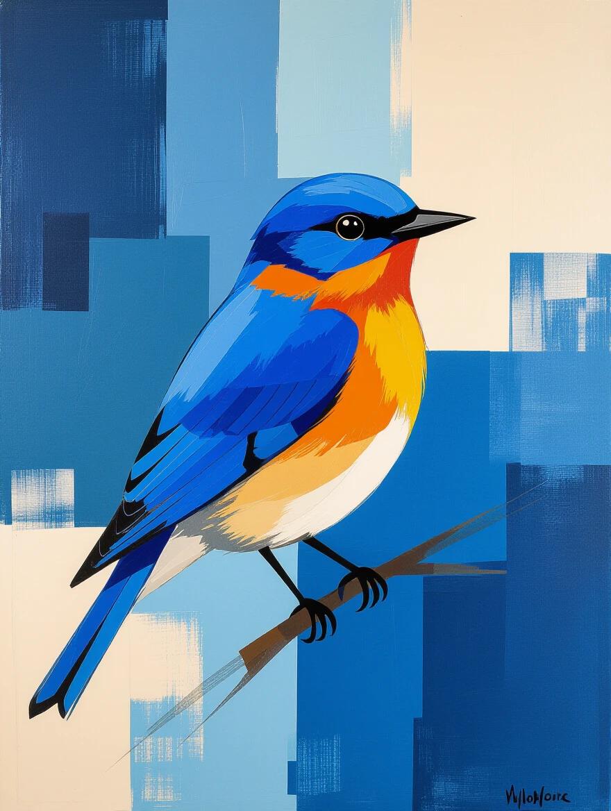 Stylized bluebird with vibrant colors. Blue and orange contrasts. Inspired by Morris Louis's art style. Background features abstract blue shapes.