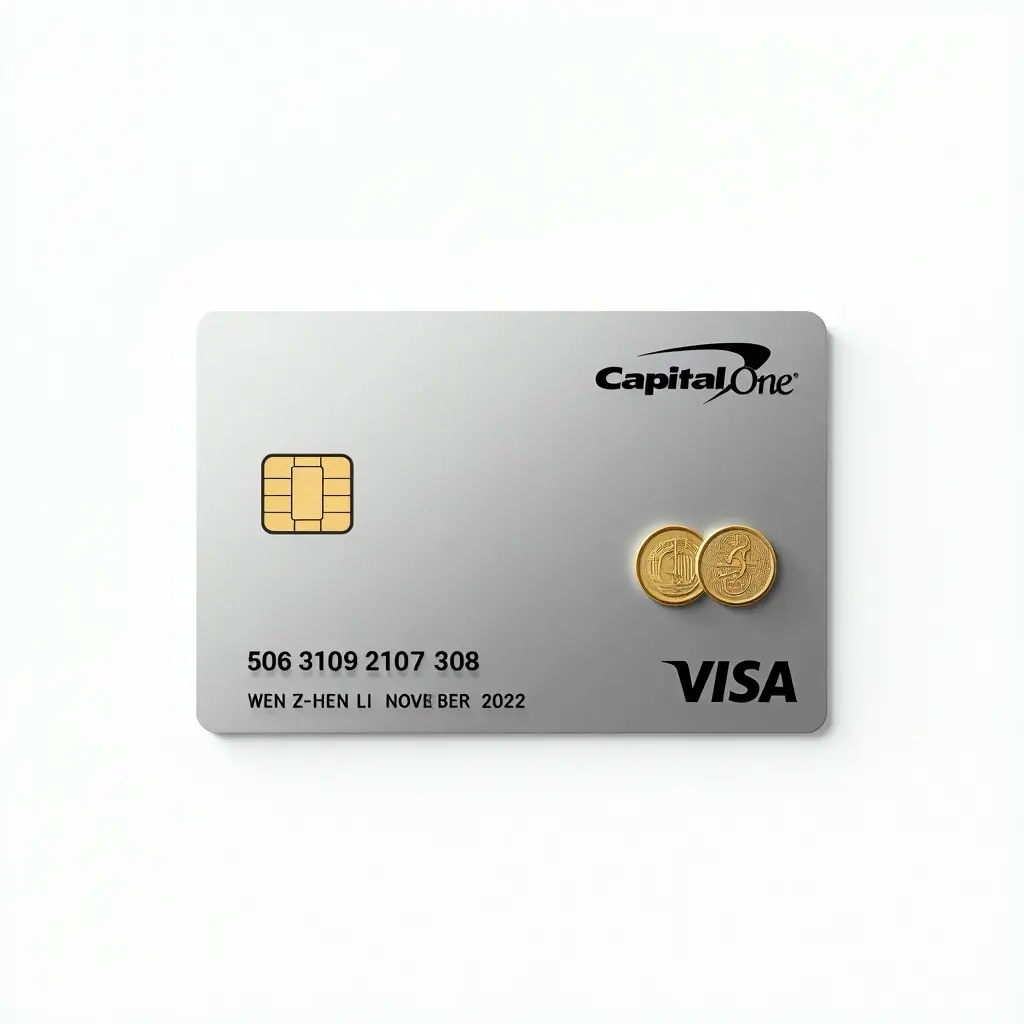 Image features minimalist credit card design with shiny surface. Black magnetic stripe and gold chip on the left. Two gold coins on the right. Centered on white background. Visa logo displayed prominently. Card number 5067 3109 2107 0308 below logo. Cardholder's name Wen Zhen Li aligned correctly. Expiry date November 2022 at bottom. Modern and sleek design with silver background and black font.