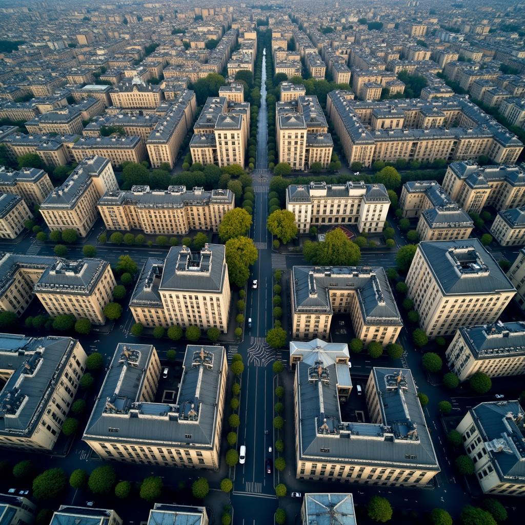 This image features a top-down aerial view of a large French city. The urban layout is highly organized, showcasing a grid of buildings interspersed with trees. A prominent avenue runs through the center, flanked by well-maintained residential blocks. The buildings exhibit a mix of architectural styles characteristic of French cities. The soft natural light enhances the textures and colors, creating a visually appealing urban scene.