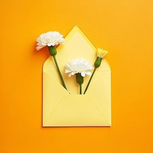 A yellow envelope contains white carnations against a bright orange background. The composition is minimalist and cheerful. Celebrates Mother's Day with spring elements in flatlay photography.