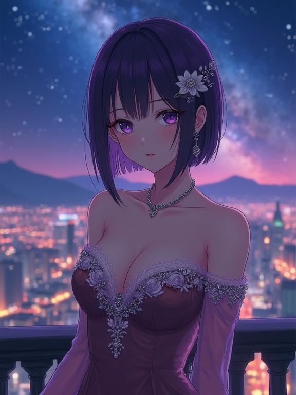 Beautiful anime lady with dark violet hair and eyes. Calm expression. Wearing an elegant off-shoulder dark brown-lavender gown. Adorned with a white rose hairpin and silver necklace. Scenic city at night with starry sky.