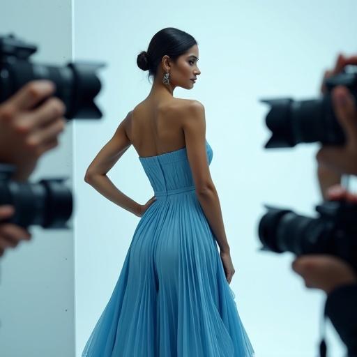 High-resolution fashion editorial scene includes multiple hands holding DSLR cameras. Glamorous Indian actress in light blue sculptural dress poses confidently from the back. Her back is to the cameras she looks back raising a hand to hide her face. Slightly blurred hands and cameras frame the shot. Soft lighting with clean palette of sky blue white silver. Mood is sleek modern editorial with a touch of surrealism.