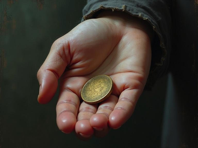 Close-up of a hand holding a single worn coin. The coin reflects dim light. The art style is a digital painting with loose brushwork. It conveys emotional depth.