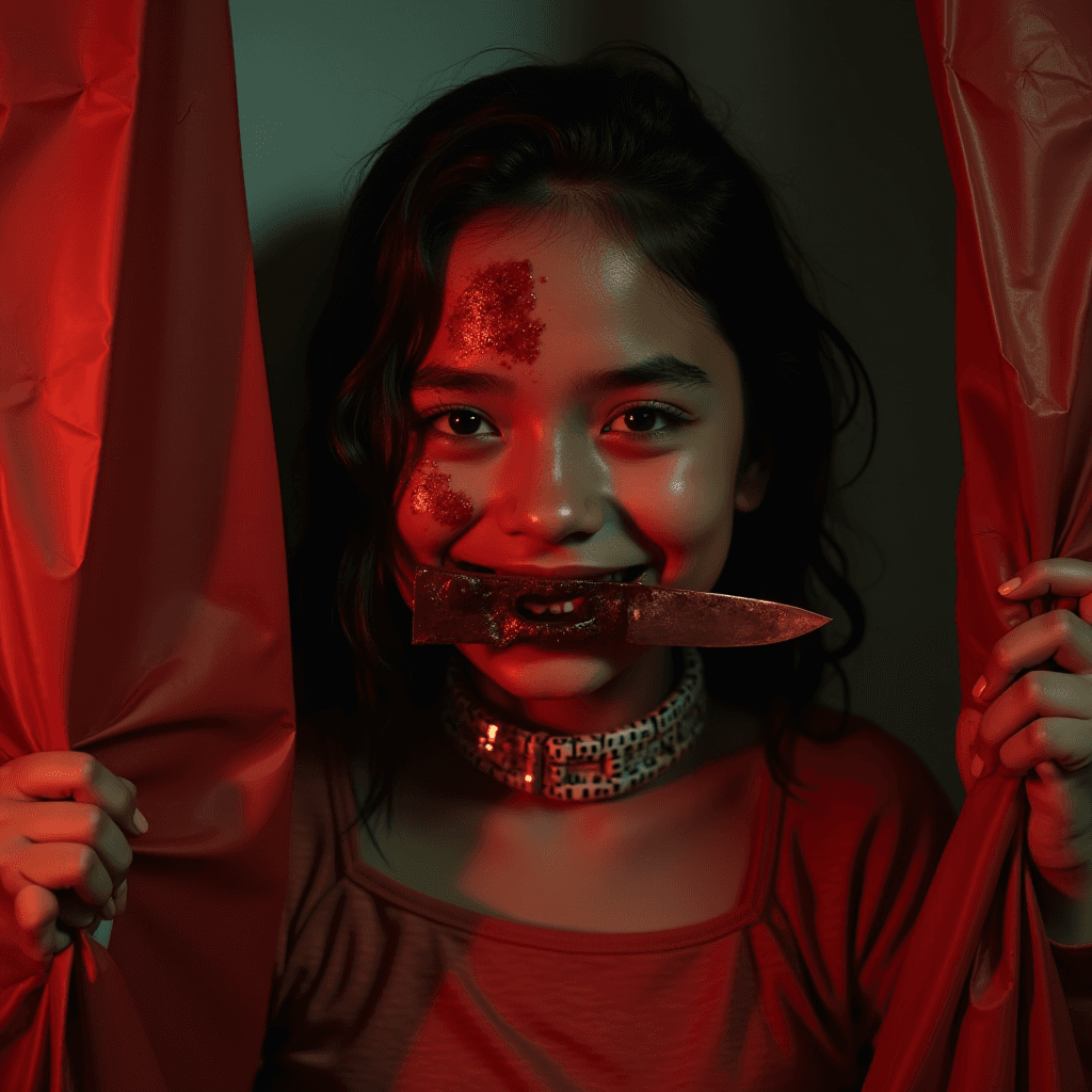 A young girl with a glittering face and a mysterious smile holds a dark, ornate knife, set in dramatic red lighting with curtains on both sides.