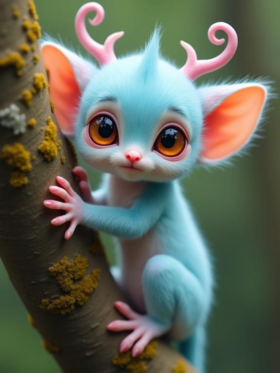 A small sky blue creature with large orange eyes and pink ears, clinging to a brown branch with moss. The creature has a plush appearance and is in a whimsical fantasy forest environment. Soft lighting enhances its features, creating a magical atmosphere.