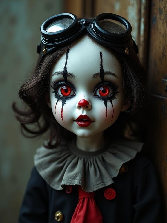 Creepy human-like doll portrait. Doll positioned slightly left of center. Orientation is three-quarter view looking at viewer. Facial features are stylized with pale skin, dark painted eyes and vibrant red irises. Bold dark clown-like makeup with stitched effect. Dark aviator goggles worn. Dystopian grunge scene.