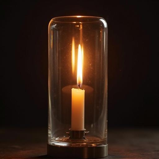 Candle placed inside sealed glass vacuum chamber. The candle is lit, casting a warm glow. Surroundings are dark, highlighting the glass and flame.