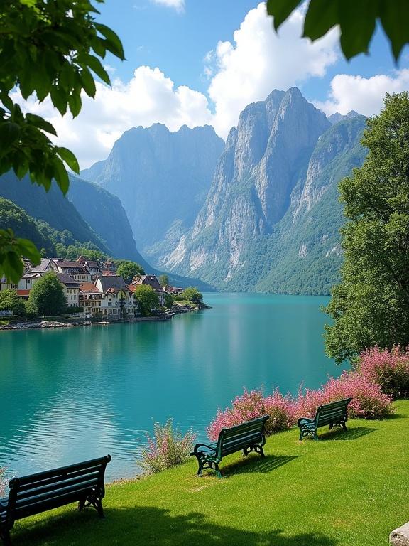Scenic view of a serene turquoise lake surrounded by majestic mountains. Clear blue sky with fluffy clouds. Rugged mountains in the background, partially obscured by haze. Lush grass by the lake adorned with pink flowers. Dark green park benches near the water. Quaint buildings with light-colored facades along the shore. Framed by tree branches and leaves in the foreground. Tranquil and harmonious atmosphere.