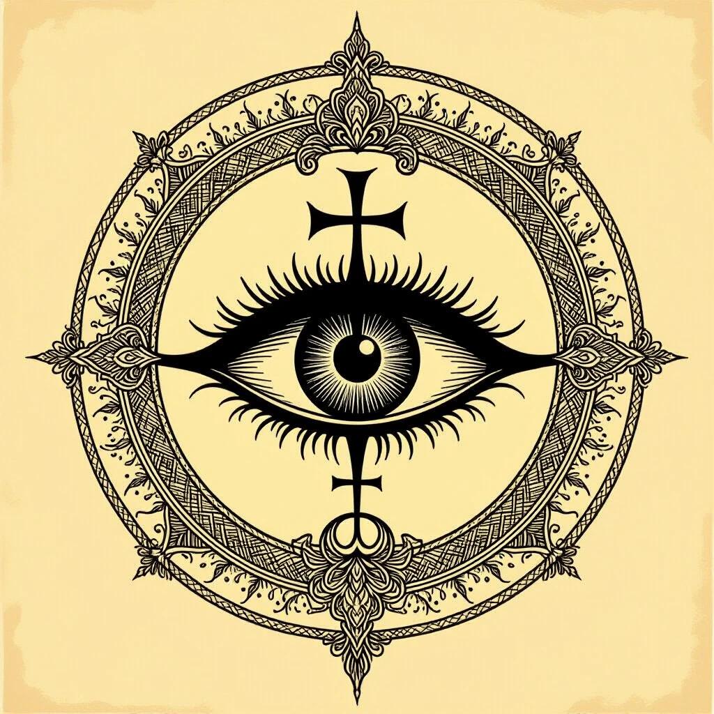 Esoteric symbol with a mystical appearance in the center a large vertical eye features a slitted pupil above are blue flames symbols of enlightenment below are crossed sickle and feather forming an X that intersects with a DNA strand the number 8 is present suggesting infinity runes surround the inner circle with stylized alphabetical inscriptions on the outer circle.
