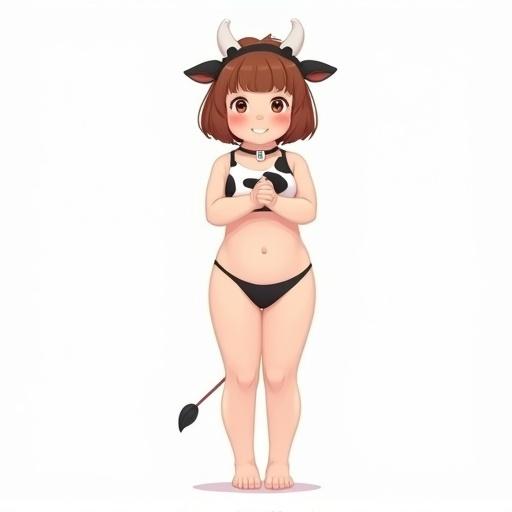 A full-body portrait of a cow-girl. She has cow-pattern bikini. She has chestnut brown hair in a bob. Her cheeks are flushed. She is smiling. Her posture is reserved. She stands with legs together. No background. Minimalist style.