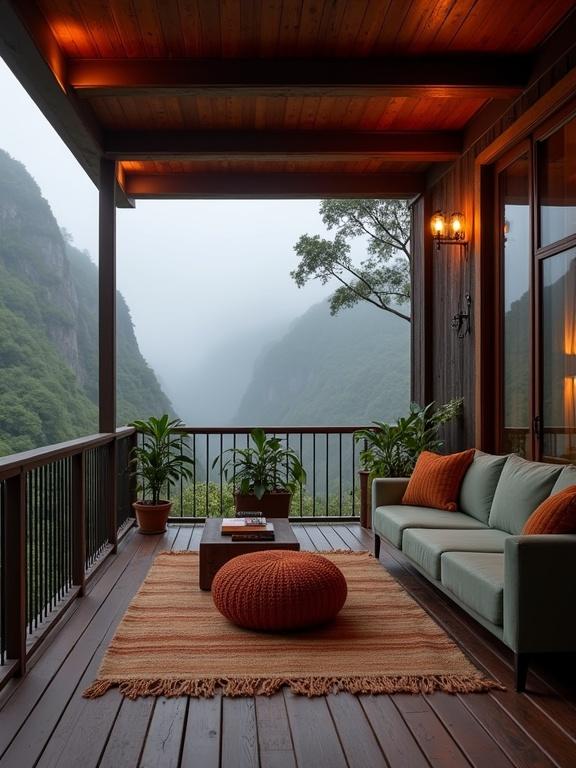 Covered deck area with cozy seating overlooking a misty mountain valley. Dark wooden flooring and railings with green plants. Sofa and knitted ottoman add color. Warm lighting creates an inviting atmosphere. Suitable for a tranquil retreat.