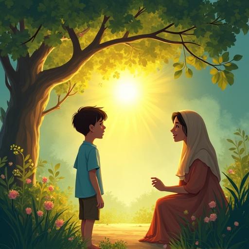 Illustration depicting a boy in a lush garden facing a glowing tree symbolizing treasure. The boy wears a light blue shirt. The second part shows him smiling beside his mother in their home garden. Both have featureless faces. Soft transitions and glowing colors create a dreamlike quality.