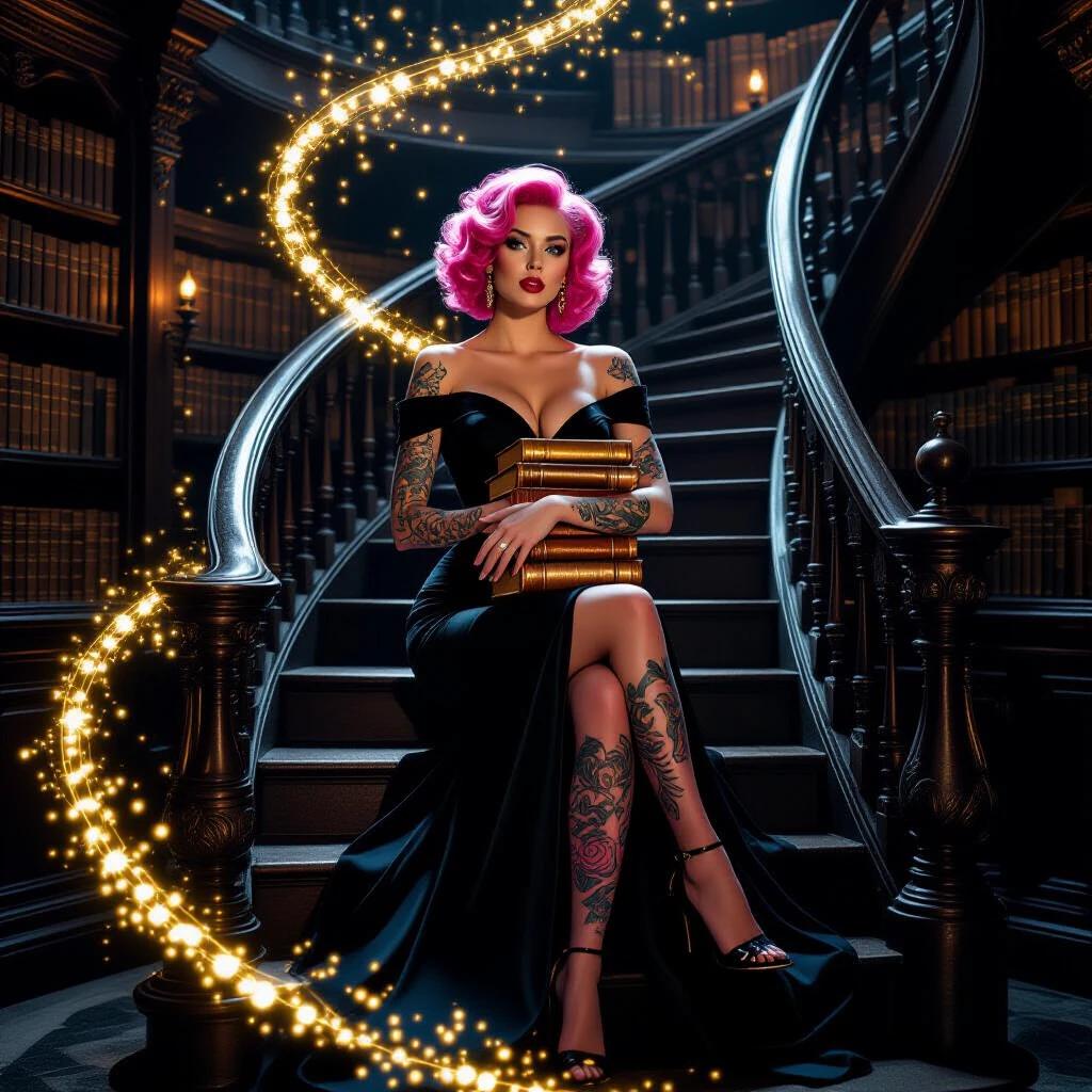 A woman in a black dress sits on a spiral staircase in a library. Pink hair styled in curls. She holds antique books. Tattoos cover her arms and legs. Golden light swirls around her. Dimly lit shelves of books create a magical ambiance.