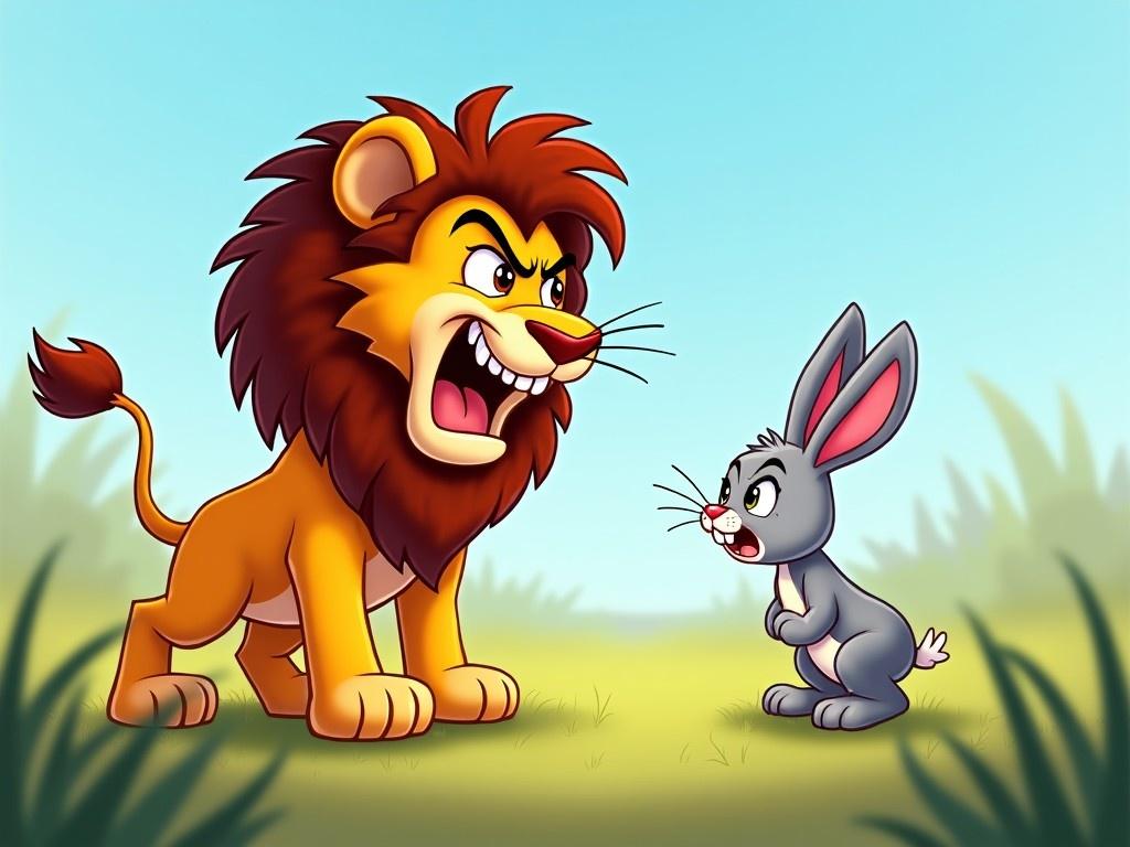 The image features a cartoon lion with a fierce expression, standing on a grassy field. In front of him, a small gray rabbit is trying to speak up, looking somewhat intimidated. The lion's mane is large and fluffy, while the rabbit has long ears and a cute, worried face. The background is a bright blue sky with soft green grass creating a happy atmosphere despite the lion's anger. This artwork is colorful and playful, aimed at engaging children.