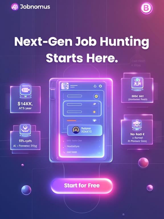 A futuristic advertisement for Jobnomous. Vibrant gradient background with purple pink and lavender hues. Features glowing UI elements and glassmorphic components. Central job card shows $134K/year and other stats. Headline says Next-Gen Job Hunting Starts Here. Tagline includes Resume Optimization and AI-Powered Search. Clean design with an inviting call to action. Overall aesthetic is modern and user-friendly.