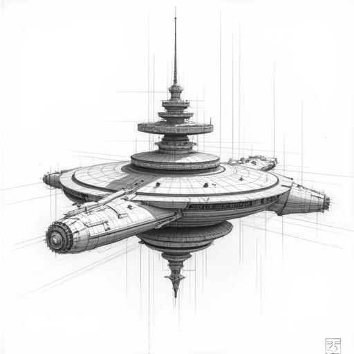 Line drawing in perspective of a large space station or capital ship. Complex modular structure with a main cylindrical section. Large disk or radiator structure on top with antennas. Smaller modules and connecting arms extend from the main body. Large engines or docking ports visible at the base. Construction and perspective lines visible, giving a technical drawing appearance. Light shading.