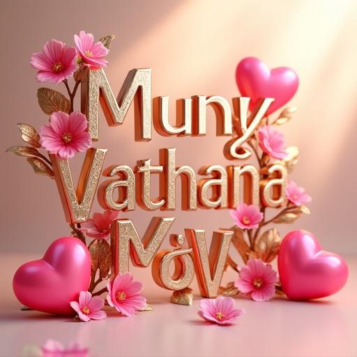 Hyperrealistic 3D render of elegant text Muny Vathana & Muny Pov in pink and gold with intricate floral and heart decorations on a beige backdrop.