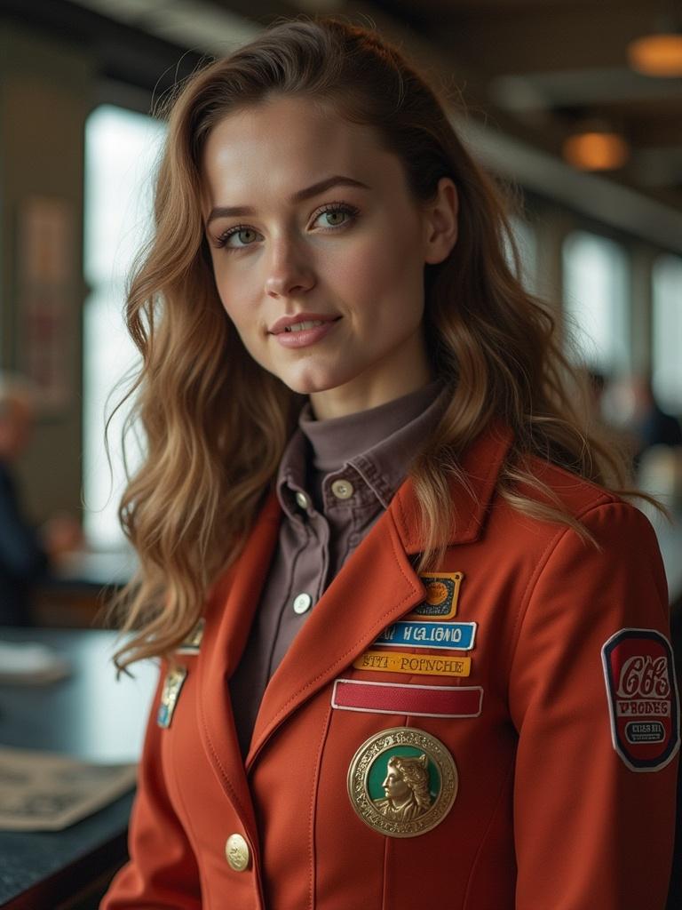 A woman with a retro space-themed jacket wearing a distinguished look. The scene is stylish with a warm ambiance. The jacket features various patches adding vintage charm.