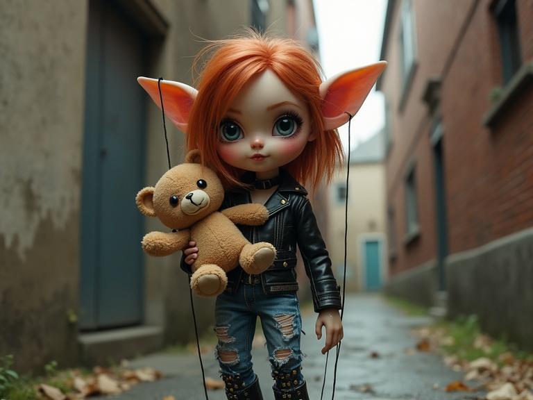 Digital art image of a pixie fairy marionette doll with big eyes. Doll holds a teddy bear in a narrow alley. Dressed in leather jacket, ripped jeans, and combat boots.