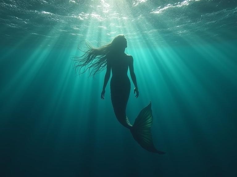 View of a mermaid from beneath the water. Silhouette visible in the light rays. Only shapes can be seen.