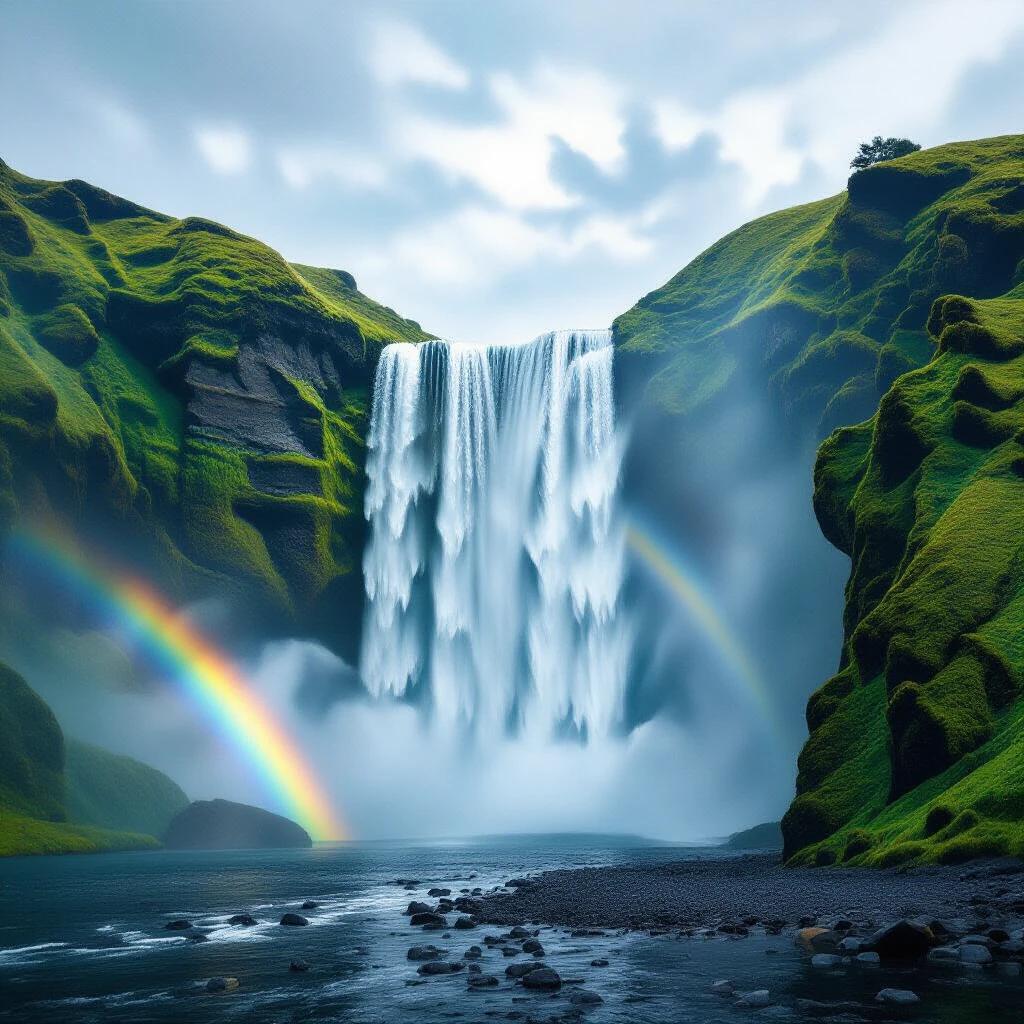 A colossal waterfall cascades into a hidden valley. Rainbows form in the mist. The scene is hyper-realistic. It captures cinematic beauty. The resolution is 8K.