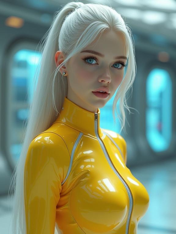 Hyperrealistic female model in a form-fitting yellow bodysuit. Long white hair styled in a ponytail. Light blue eyes. Background of a futuristic sci-fi setting. Dramatic low-angle perspective. Vibrant pastel colors. Suitable for digital art or fashion contexts.