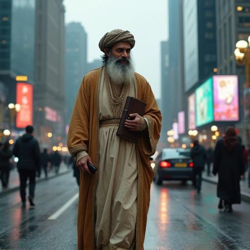 Omar Khayyam depicted in traditional Persian attire walking in modern Tehran. Long flowing robe patterned turban. Leather-bound book under one arm. Glancing at smartphone. Determined expression. Tall glass buildings around. Glowing billboards. Confused intrigued people taking photos. Overcast sky with light drizzle. Cinematic dramatic tone. Ultra detailed photorealistic 8k resolution.