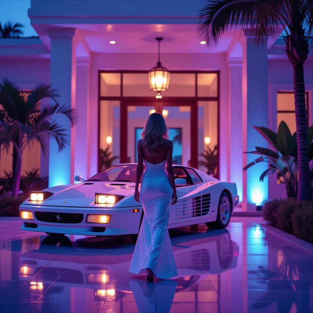Scene inspired by 1980s Miami Vice style. Luxury villa entrance with a blonde woman in a fitted white dress walking away. Ferrari Testarossa at the entrance. Neon purple and blue reflections. Retro cinematic lighting. Dreamy realistic atmosphere with film grain. 4K resolution.