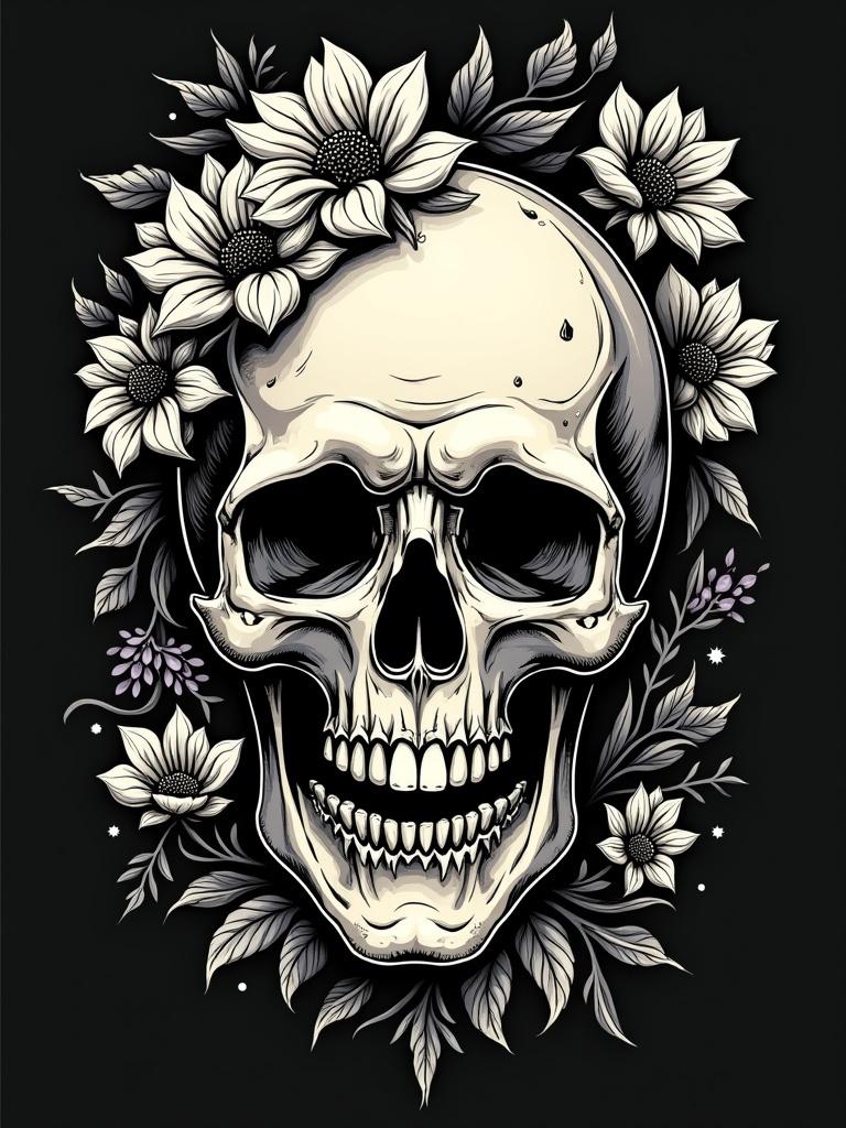 Design a gothic-inspired woodcut illustration featuring a skull with floral elements. Adorn the skull with dark flowers and leaves. Use a black background. Create an intricate design suitable for a t-shirt.