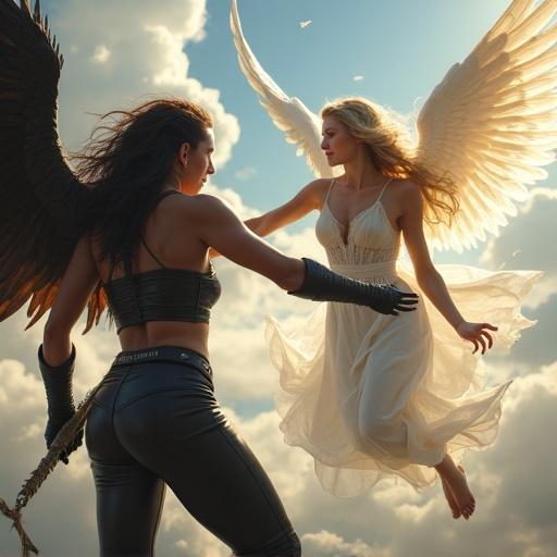 Photorealistic scene depicting a dramatic battle in the sky. Athletic female demon in leather and beautiful voluptuous female angel in a fantasy landscape.
