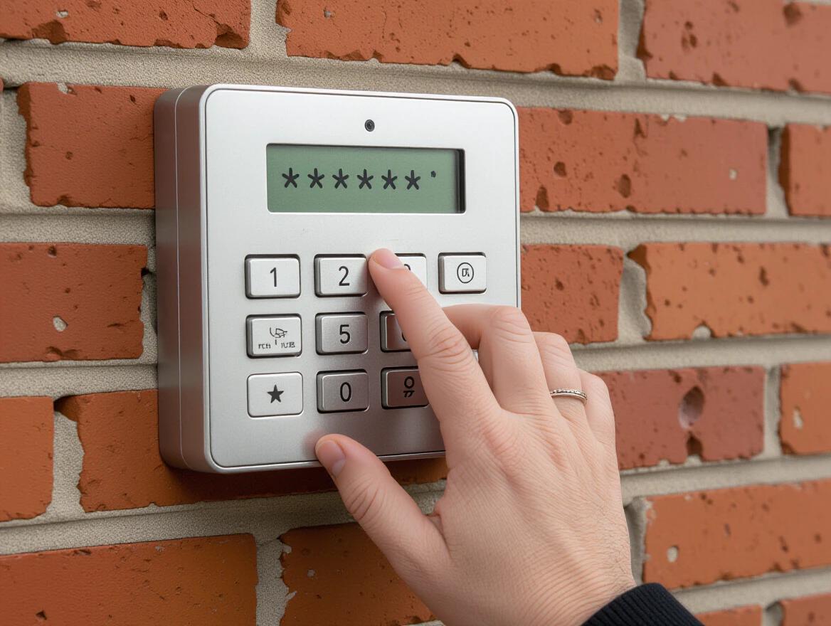 Photograph of a security key-pad mounted on a brick wall. Key-pad has numbered buttons and a display screen. A hand is entering a code with asterisks appearing on the display. The image has a slightly retro gritty feel.