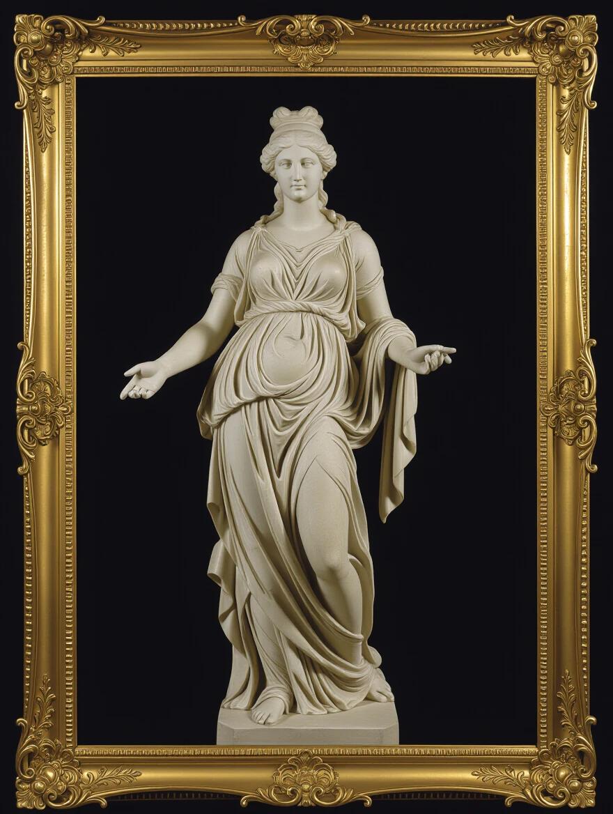 Statue of an ancient lady with an elegant pose. Background is black. Ornate gold frame surrounding the sculpture.