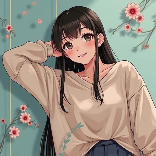 Anime character with dark hair in black clothing posing in front of a floral background. Expressing a cute look and casual style. The character has a soft smile and relaxed posture.