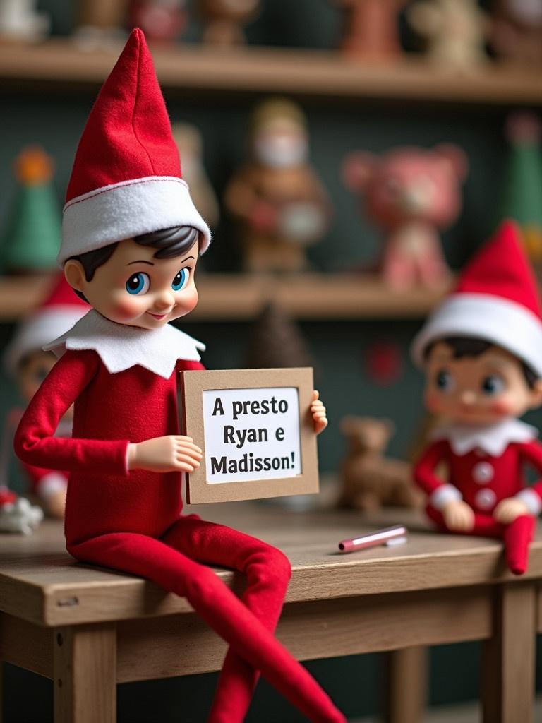 Elf wearing red outfit with white trim holding sign saying 'A presto Ryan e Madison!' Sits in Santa's workshop with Funko Pops in the background.