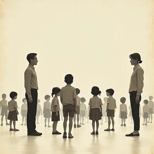 Kids in school setting with two adults standing. Male and female adults face each other. Scene from 1961. Minimalist surreal style. Oversized elements. Vast negative space. Clean background. Elegant composition. Subtle grain texture. Poetic tone.