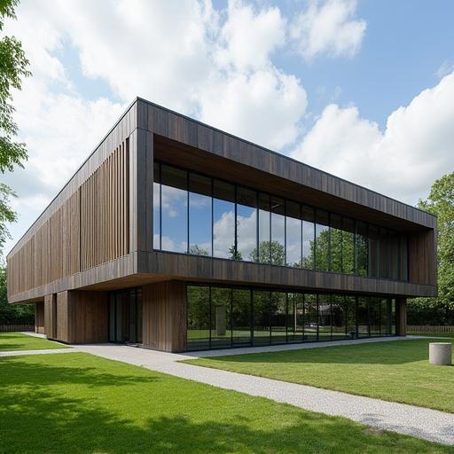 Limus College School designed with modern architecture features. Wooden facade with large windows reflects natural surroundings. Well-maintained green lawn offers a spacious environment. Located in Vleuterweide.