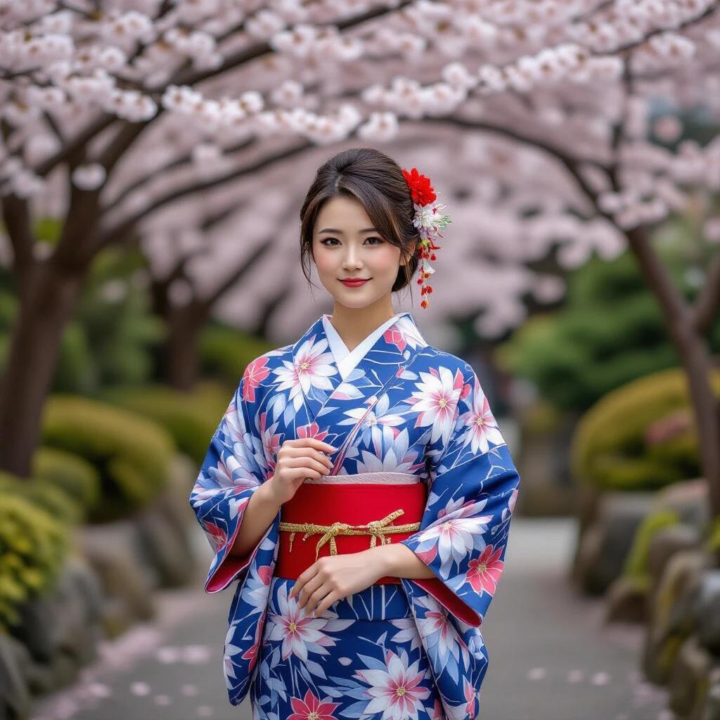 Woman in a traditional Japanese kimono stands elegantly among blooming cherry trees. The vibrant kimono features floral patterns and a matching obi. The woman poses gracefully, embodying the essence of Japanese spring. Background filled with cherry blossoms creates a serene atmosphere.