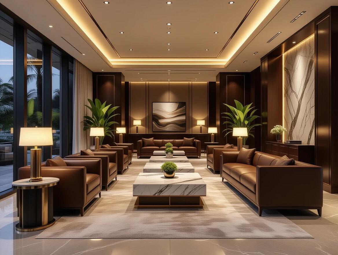 Ultra luxurious business lounge located on the ground floor. Nighttime setting with warm ambient lighting. Leather sofas designed and arranged with marble coffee tables. Elegant floor lamps and recessed ceiling lights enhance the decor. Dark wood and brass accents are featured throughout. Soft area rugs cover the floor. Clean and spacious layout creates a welcoming atmosphere. Rich wall textures include paneling and stone finishes. Lush indoor plants contribute to the elegance. Fully enclosed space without windows. Photorealistic 8k image showcases cinematic shadows and lighting.