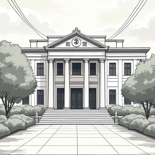 Draw a poster style picture with an outline of a government office building in anime style. The sign reads '商事服务局'.