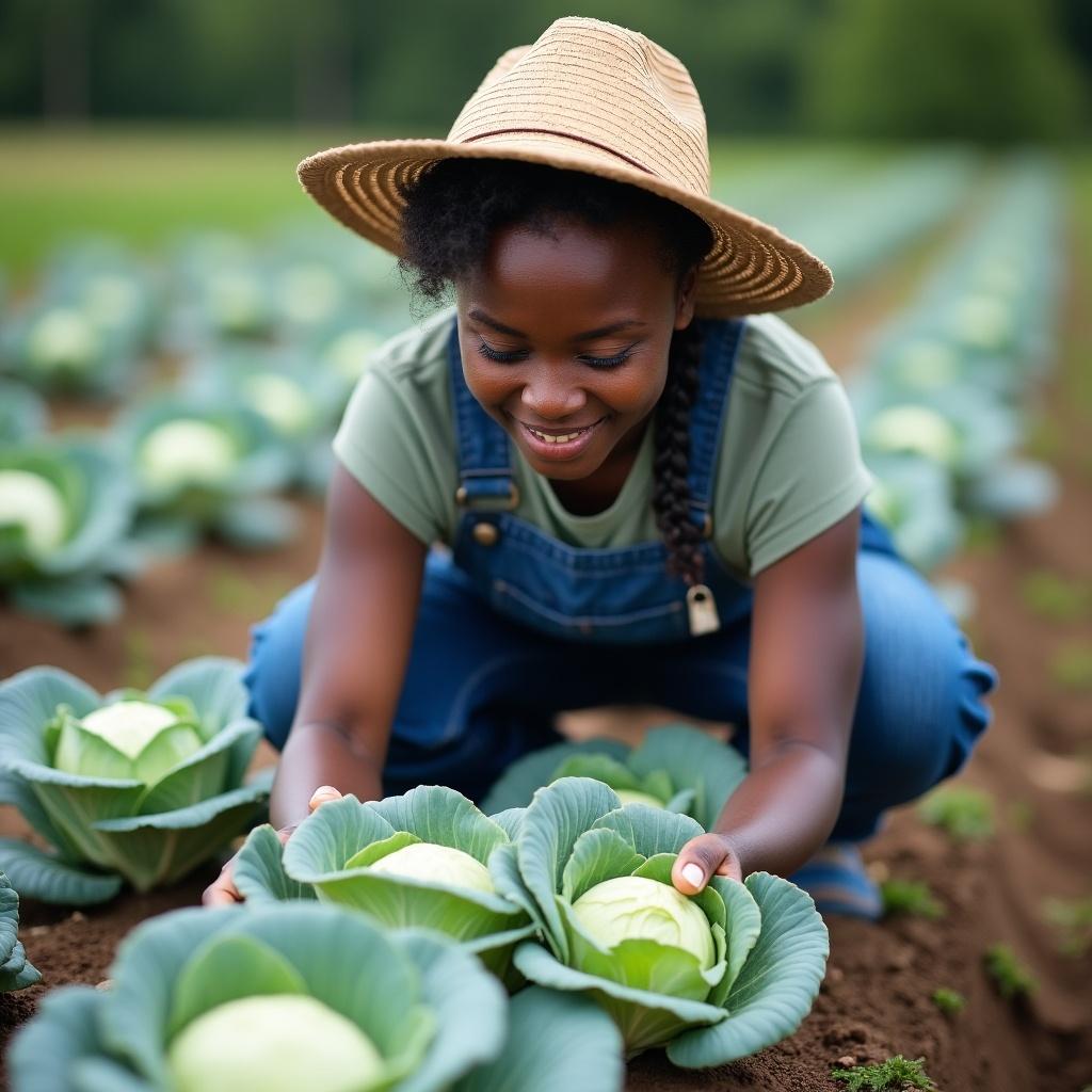 A woman with a straw hat and blue overalls planting cabbages in rows. She shows focus and dedication. The setting is a farm with tidy rows of cabbages.