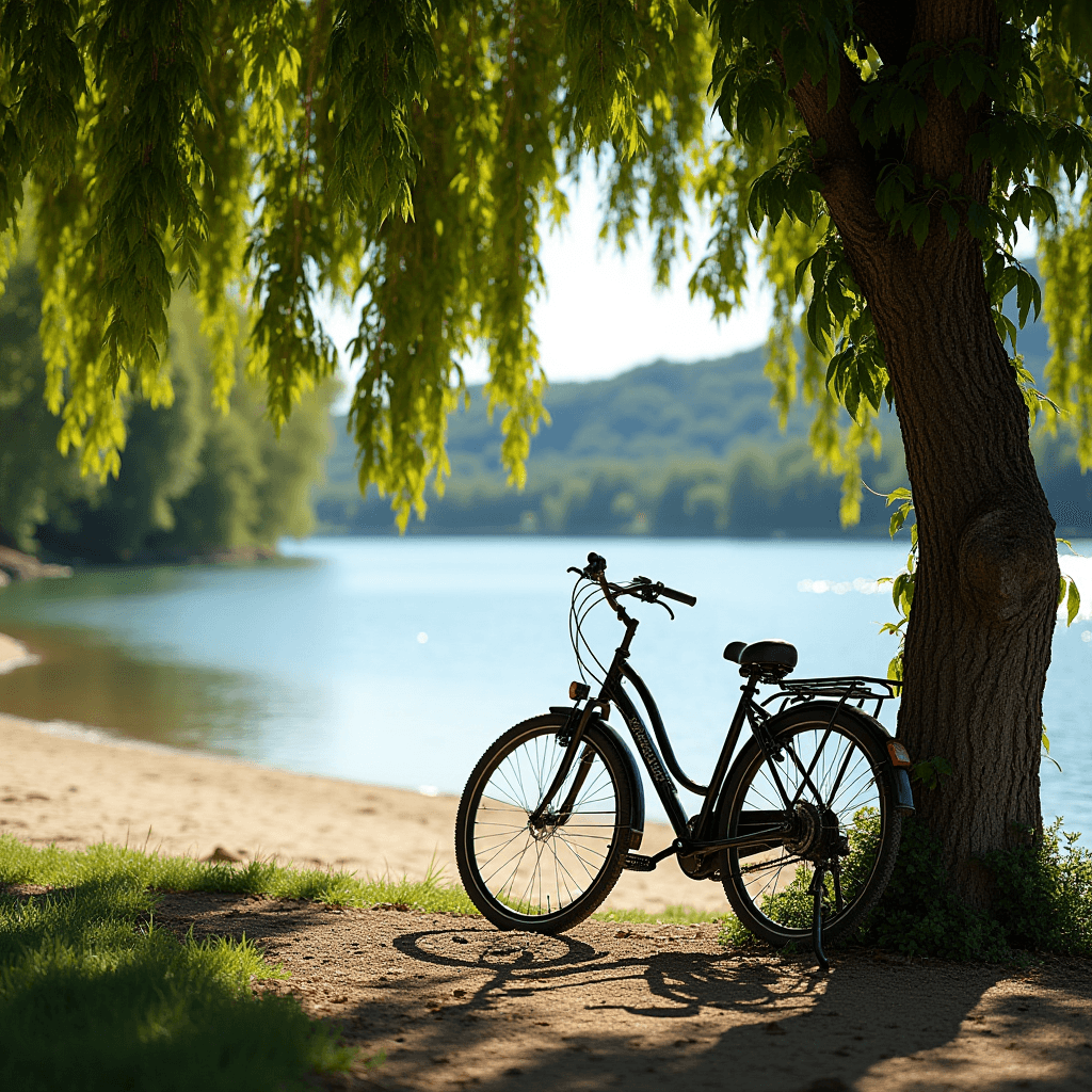 A bicycle is parked under the shade of a lush tree by a peaceful lakeside, with gentle sunlight casting natural shadows.