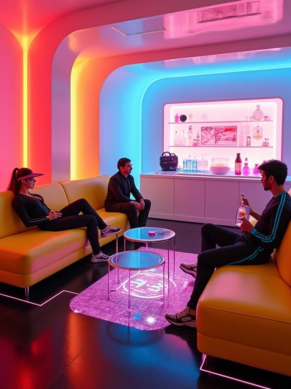 A glamorous futuristic lounge inspired by 1980s retro-futurism. The room features sleek curves and glossy color-blocked panels. Bold lemon yellow sofas with chrome legs complement rounded acrylic coffee tables. A black resin floor has pink LED grid lines glowing softly. People in high-end athletic outfits interact in the space. A mini-bar showcases geometric drink containers against glowing pink acrylic. Ambient synthwave music fills the atmosphere, with shifting lighting creating a vibrant and controlled environment.