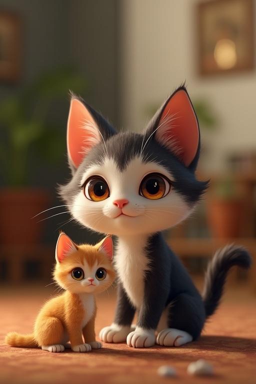 A female anthropomorphic orange cat with elegant, wavy fur in a red nightgown hugs a muscular male anthropomorphic white cat wearing black pants. Both have happy expressions. A warm bedroom background is visible. 3D animation style.