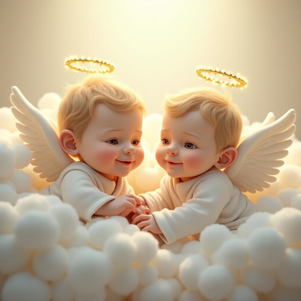 The image features two adorable baby boys depicted as angels, with soft golden halos above their heads. They sit contentedly among fluffy white clouds, exuding joy and innocence. Their expressions are cheerful as they hold hands, creating a heartwarming scene. The lighting is soft and warm, enhancing the angelic feel. This charming depiction captures the essence of childhood wonder and heavenly imagery, perfect for a loving nursery or greeting card.