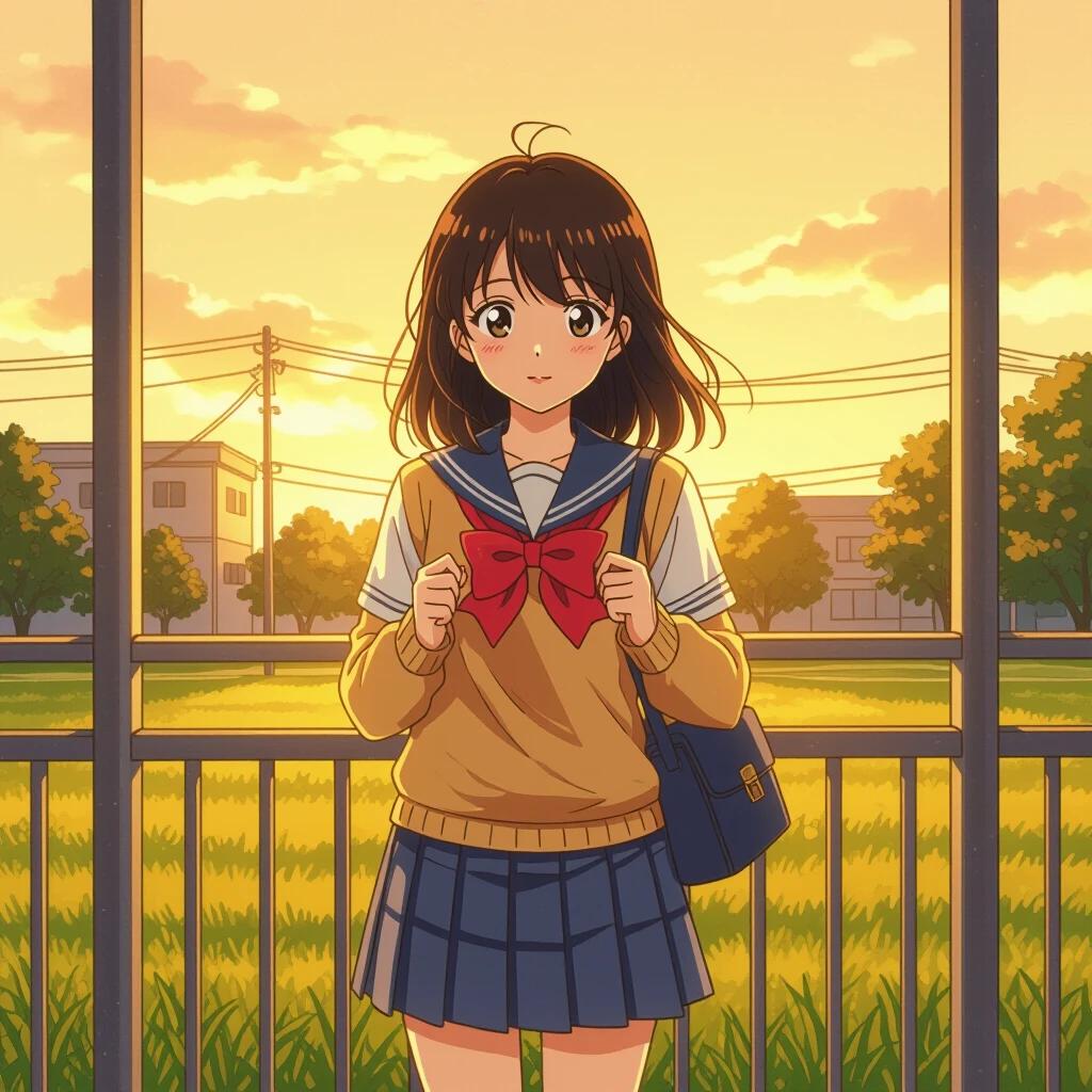 A vintage manga-style illustration features a pretty schoolgirl standing outside. She wears a school uniform with a red bow and a skirt, holding a bag. The background showcases a warm sunset with golden light over a field. Nostalgic vibes are emphasized in this scene.