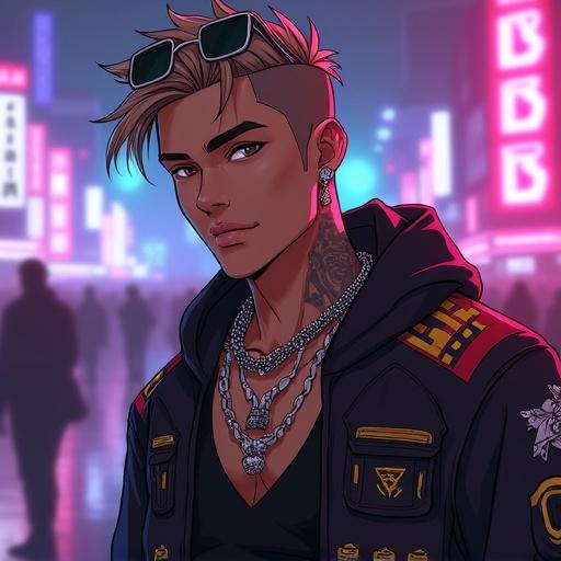 Stylish anime character in a futuristic nightclub. Handsome man with silver eyes and short light brown spiky hair. Wearing expensive hip hop streetwear and silver jewelry. Surrounded by beautiful women. Setting is modern and luxurious.