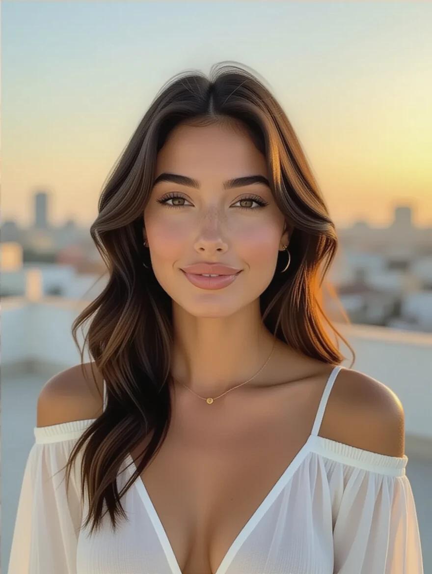 A confident woman poses on a breezy rooftop at golden hour. She has high sculpted cheekbones and a delicate chin. Her lips show a serene smile. Her skin is a healthy sun-kissed glow. Her eyes gaze thoughtfully into the camera. Her hair features dark brown with caramel highlights styled in beach waves. She wears rose gold earrings and a gold band with an emerald. The shot has a cinematic effect with warm sunset light.