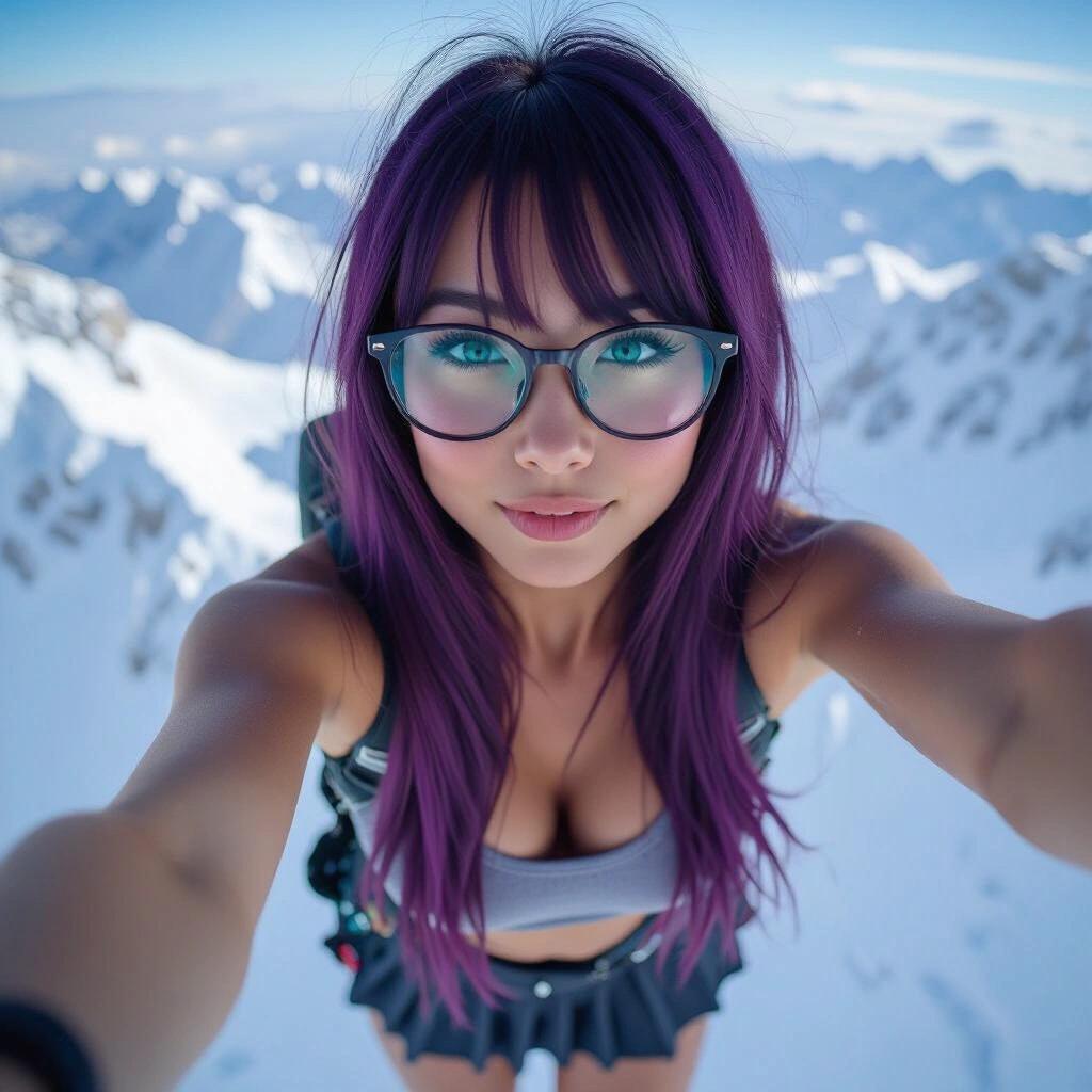 Young girl with purple hair and glasses taking a selfie on a snowy mountaintop. Background has snow and strong winds. She's wearing a tank top and skirt.